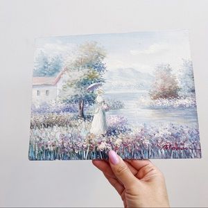 Impressionist Style Hand Painted Victorian Lady by the Lake Floral Landscape